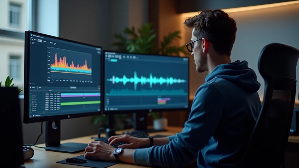 Studio di animazione con monitor che mostra timeline sincronizzata con forma d'onda audio, storyboard e note musicali