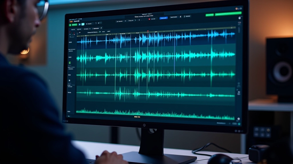Software di editing audio che mostra spettrogramma di più tracce sonore stratificate con colori diversi rappresentanti frequenze diverse