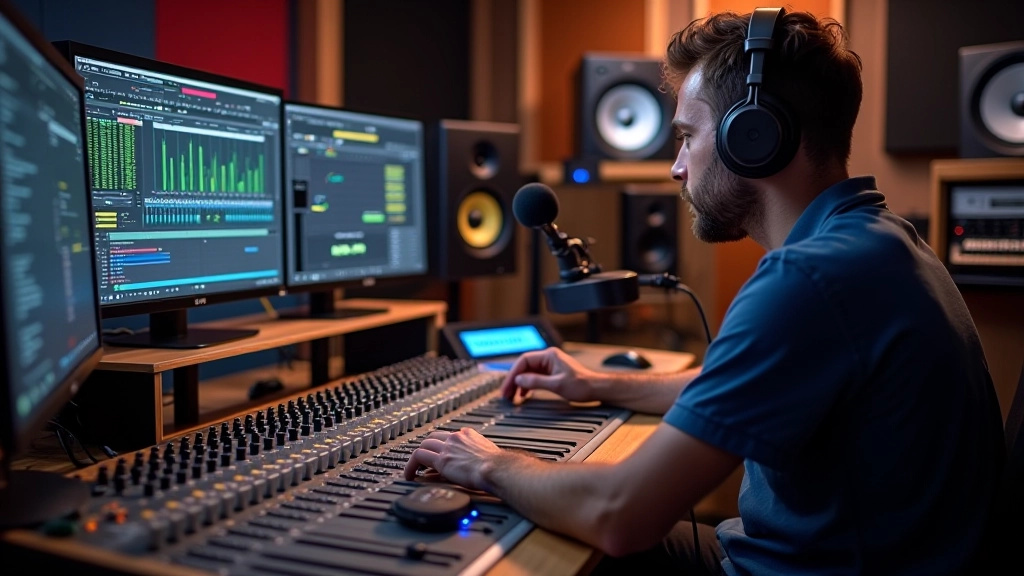 Tavolo di lavoro del sound engineer con mixer analogico, monitor studio, cuffie professionali e microfono, attrezzature audio di qualità broadcast