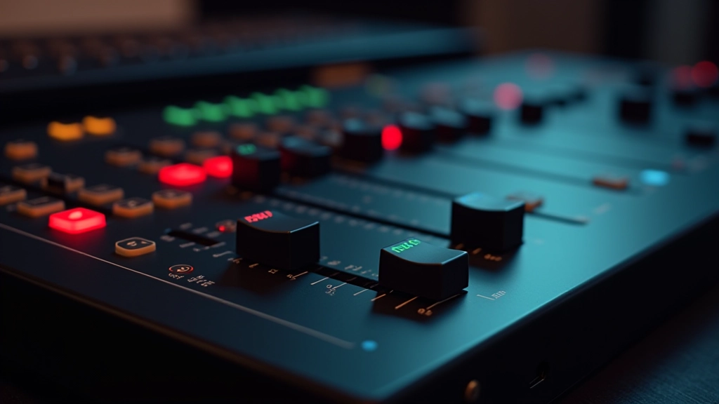 Mixer audio con fader che mostrano livelli diversi di volume, LED rossi e verdi, superfice nera professionale in studio di registrazione