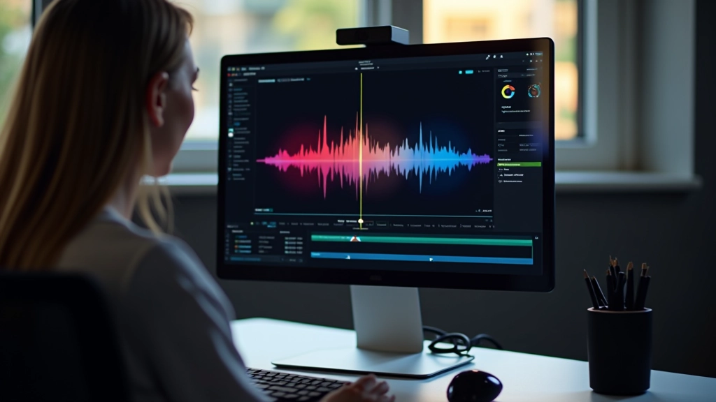 Schermo di computer con software di editing video, tracce audio visualizzate come onde colorate, cursor posizionato su un punto di sincronizzazione perfetto