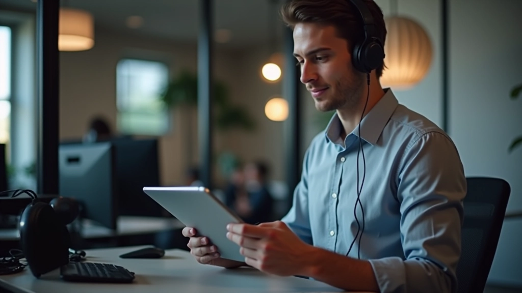Persona al lavoro con tablet e headphones in studio