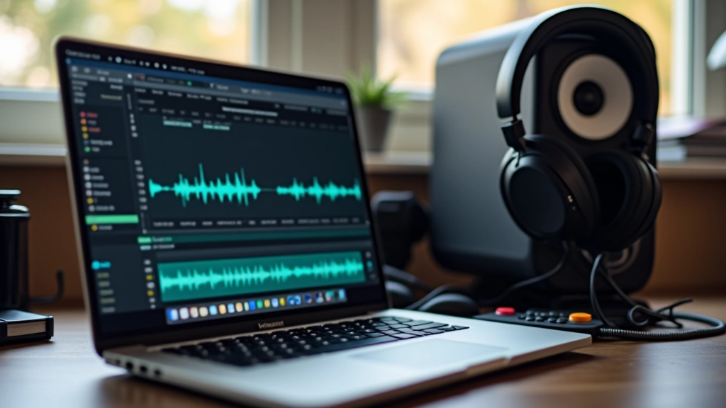 Laptop aperto con interfaccia DAW, cuffie da studio appese sopra la tastiera, ambiente luminoso da studio creativo