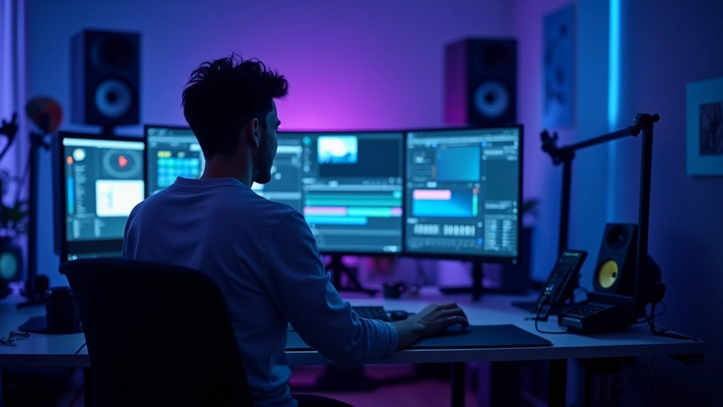 Studio di sound design moderno con attrezzature audio professionali e schermi di animazione