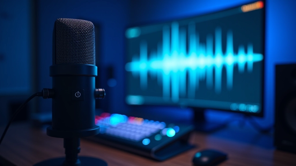 Studio di registrazione professionale con microfono a condensatore, schermo di computer e mixer audio su scrivania moderna