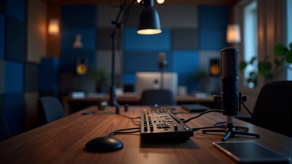 Studio di registrazione professionale con microfoni, pannelli acustici blu e grigio, interfaccia audio su scrivania in legno, illuminazione calda