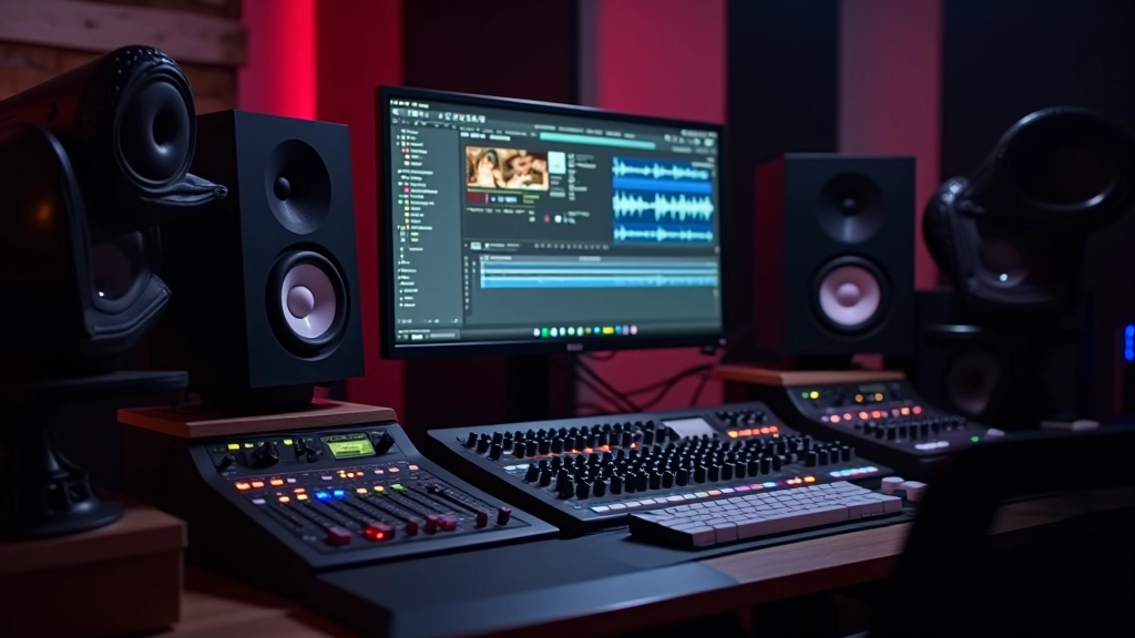 Studio di registrazione professionale con mixer audio e schermo di selezione musica