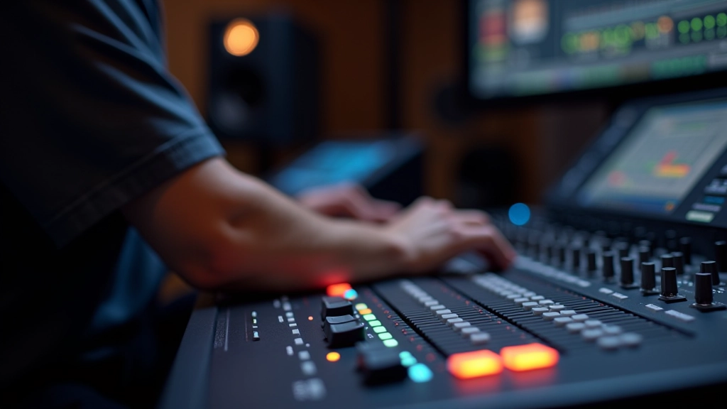 Ingegnere del suono al lavoro su console di missaggio professionale