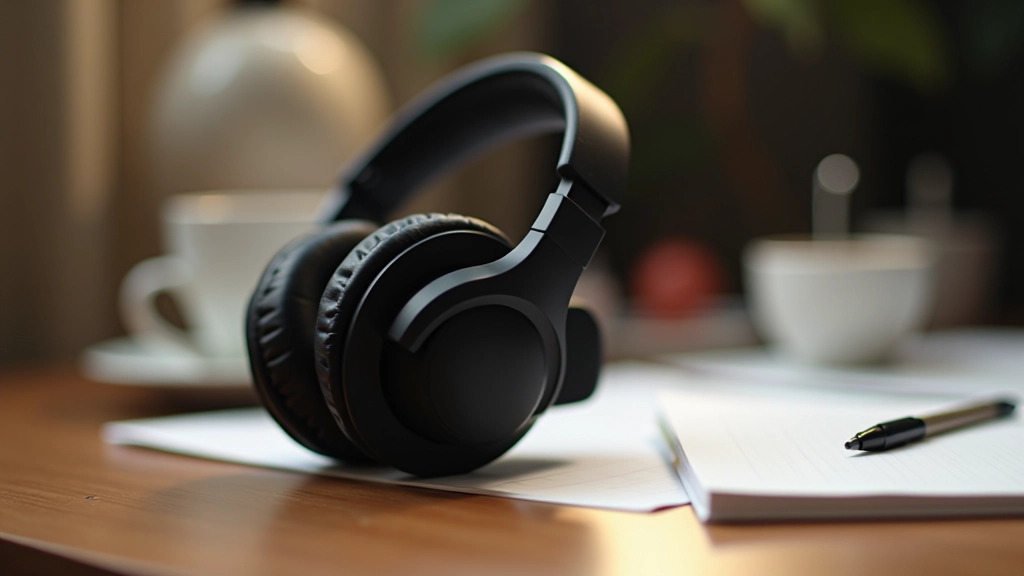 Cuffie da studio professionali su un tavolo di legno con caffè e taccuino di appunti musicali