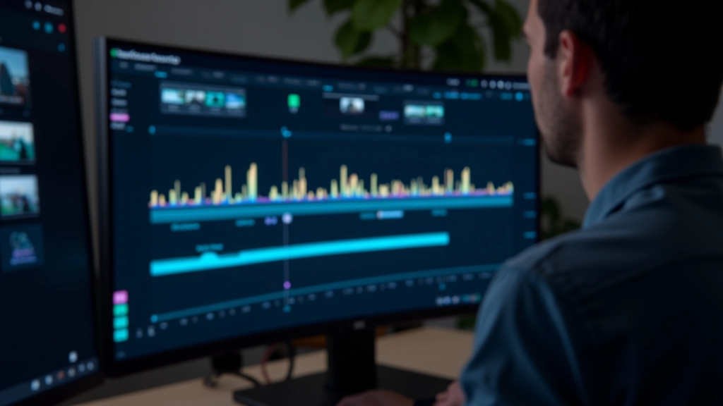 Schermo di editing video con timeline audio e tracce video allineate, marker di sincronizzazione visibili sulla linea temporale