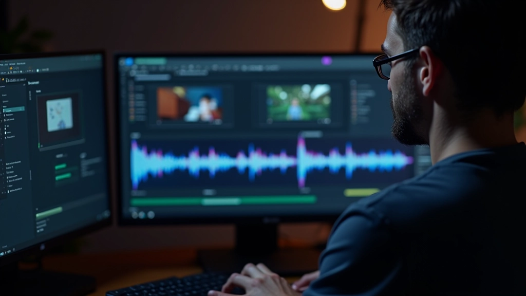 Timeline di editing video mostra traccia musicale allineata a fotogrammi di animazione, interfaccia DAW con waveform visibile