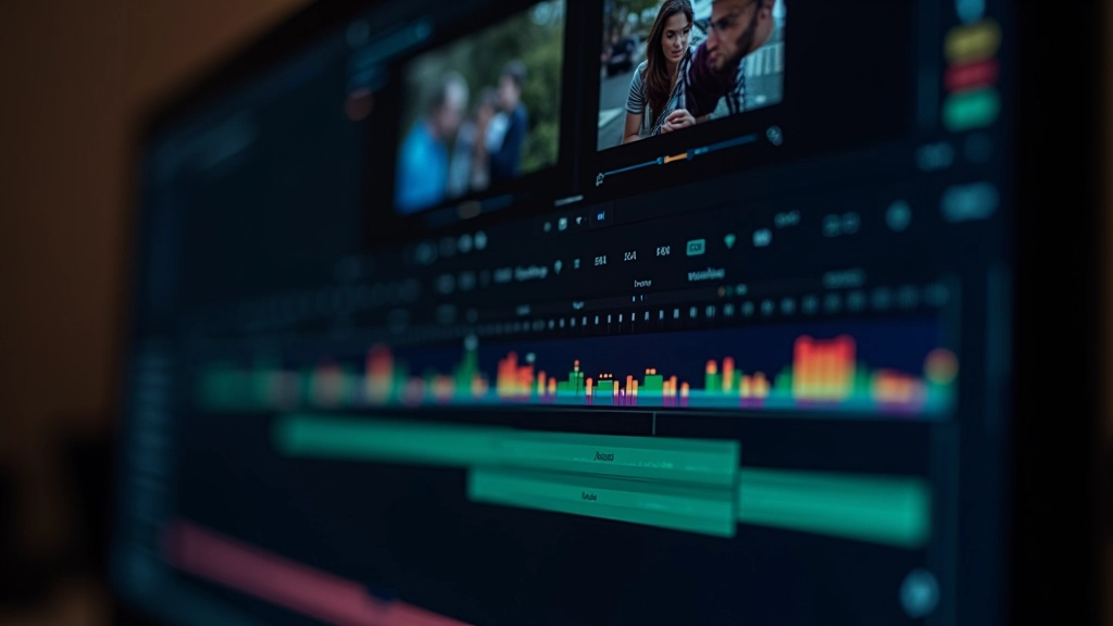 Schermo che mostra timeline di editing video con tracce audio e video sincronizzate, effetti sonori visibili nei layer